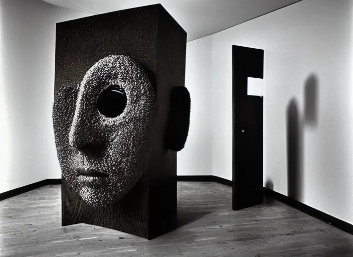 Image similar to realistic photo portrait of the a sculpture of a computer of wood, eyes made of caviar poorly designed in style of arte povera, fluxus, dadaism, joseph beuys, ugly made, low quality, nonprofessional, by man ray levitating in the wooden room 1 9 9 0, life magazine reportage photo