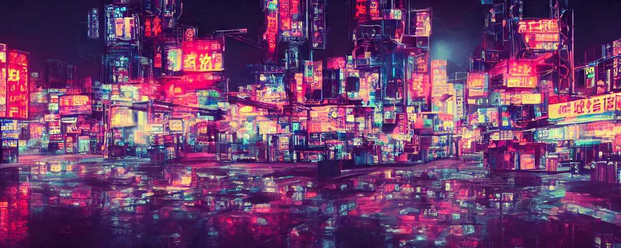 Image similar to factory exploding at night in the center of a futuristic sci-fi asian city, signboards, neon lights, by Yamato