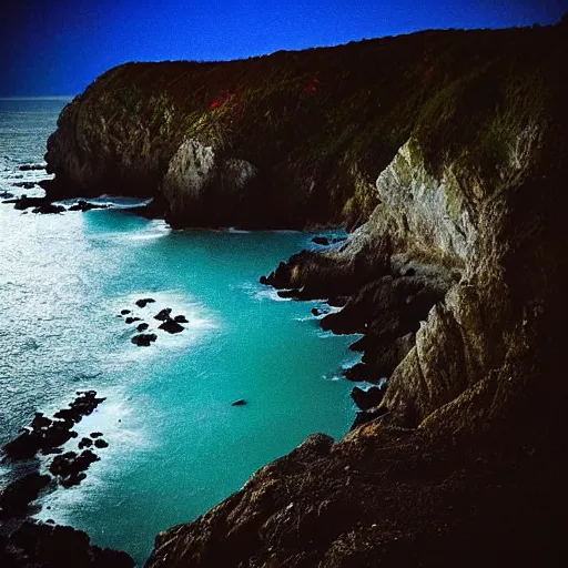 Image similar to night, blue hour, early night, deep blue atmosphere, overcast, low light, sundown, scattered islands, sea, ocean, low pressure system, cloud with eye, very windy, late evening, distant hotel retreat on cliffside, shining lights on cliff side, polaroid photograph