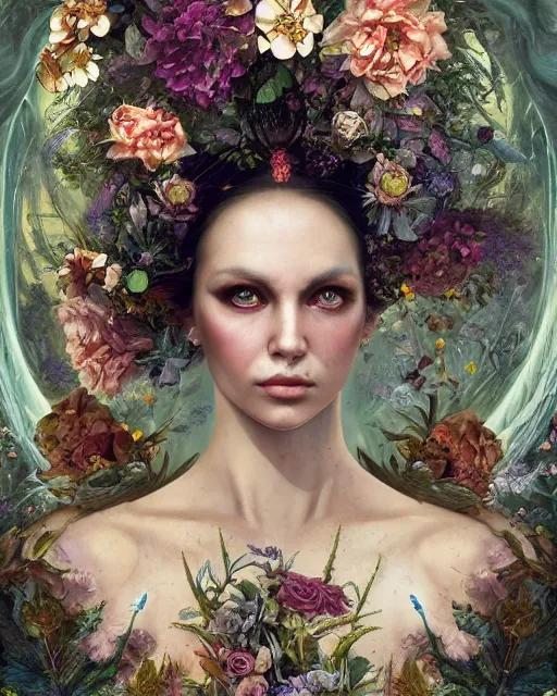 Image similar to portrait of the queen of the underworld, surrounded by flowers by karol bak, james jean, tom bagshaw, rococo, trending on artstation, cinematic lighting, hyper realism, octane render, 8 k, hyper detailed.