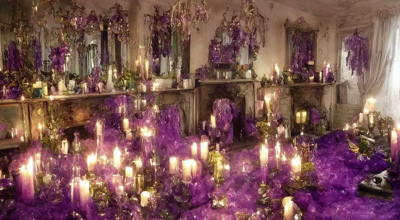 Prompt: cozy old room filled with burning purple and green crystal candles, atmospheric, hyperdetailed