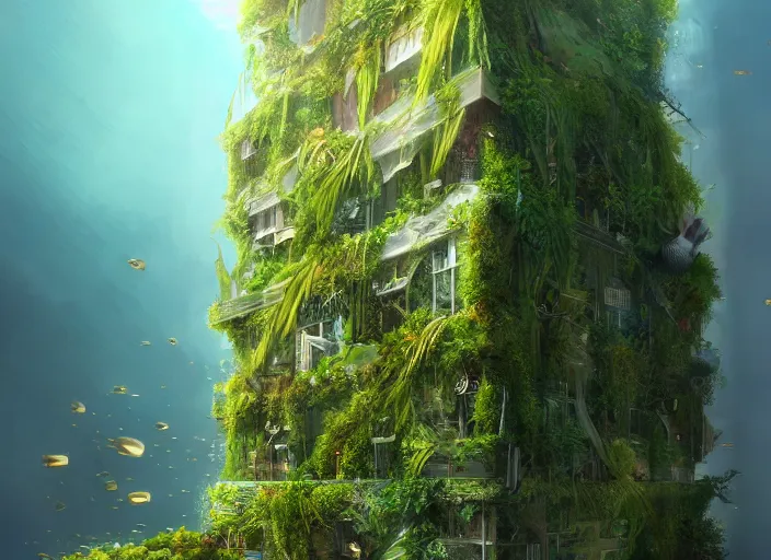 Prompt: overgrown foliage overtaking tall buildings, underwater environment, storefronts, sand, scenery, professional, award - winning, trending on artstation, hyper detailed, realistic, beautiful, emotional, shiny, golden, picture