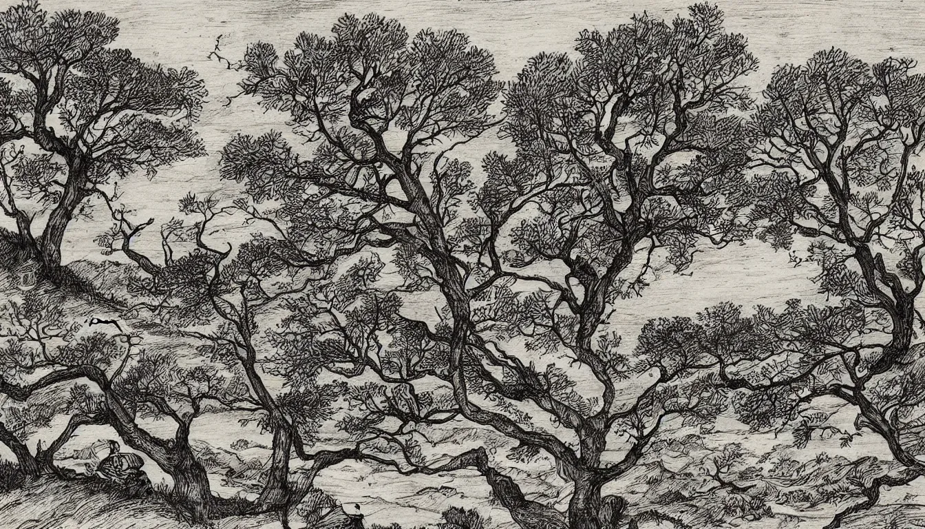 Image similar to a person sits on a hill overlooking a river, wind blown trees, pen and ink, 1 5 0 0 s, 8 k resolution