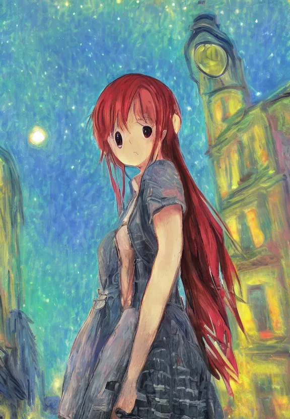 Image similar to wide angle portrait of a teenage girl, a thrifty outfit, very anime in impressionist style, city street view background, starlit night sky, anime trending artwork, anime painter studio, by claude monet