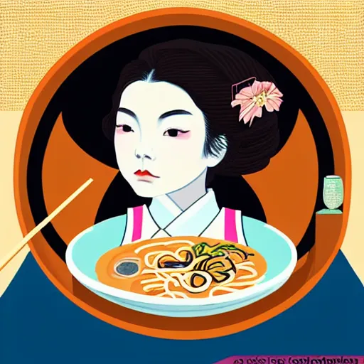 Image similar to beautiful japanese female model eating ramen soup portrait in the style of art nouveau anya taylor - joy