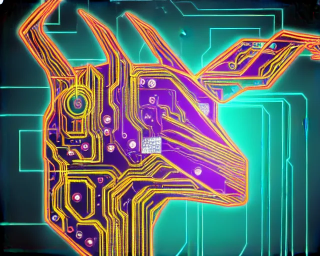 Image similar to cybernetic evil goat head merged with complex circuitry and machinery, multicolored