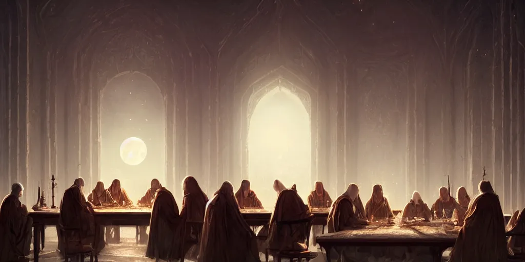 Image similar to A meeting of the council of elders, robed figures sat around a table, beautiful architecture, night time, stars visible, beautiful moon light, concept art, fantasy art, painted by Greg Rutkowski, trending on artstation