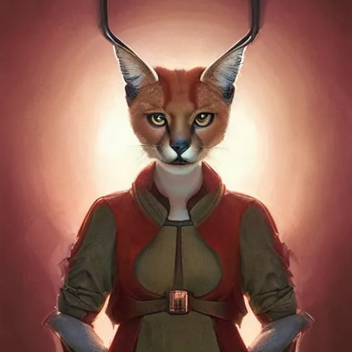 Prompt: portrait of a dystopian cute caracal wearing an outfit inspired by the handmaid ’ s tale ( 2 0 1 7 ), intricate, headshot, highly detailed, digital painting, artstation, concept art, sharp focus, cinematic lighting, digital painting, art by artgerm and greg rutkowski, alphonse mucha, cgsociety