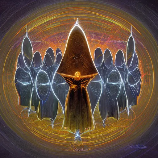 Image similar to a quantum computer surrounded by a dark cabal of hooded elven mystics gathered in a circular formation, michael whelan art