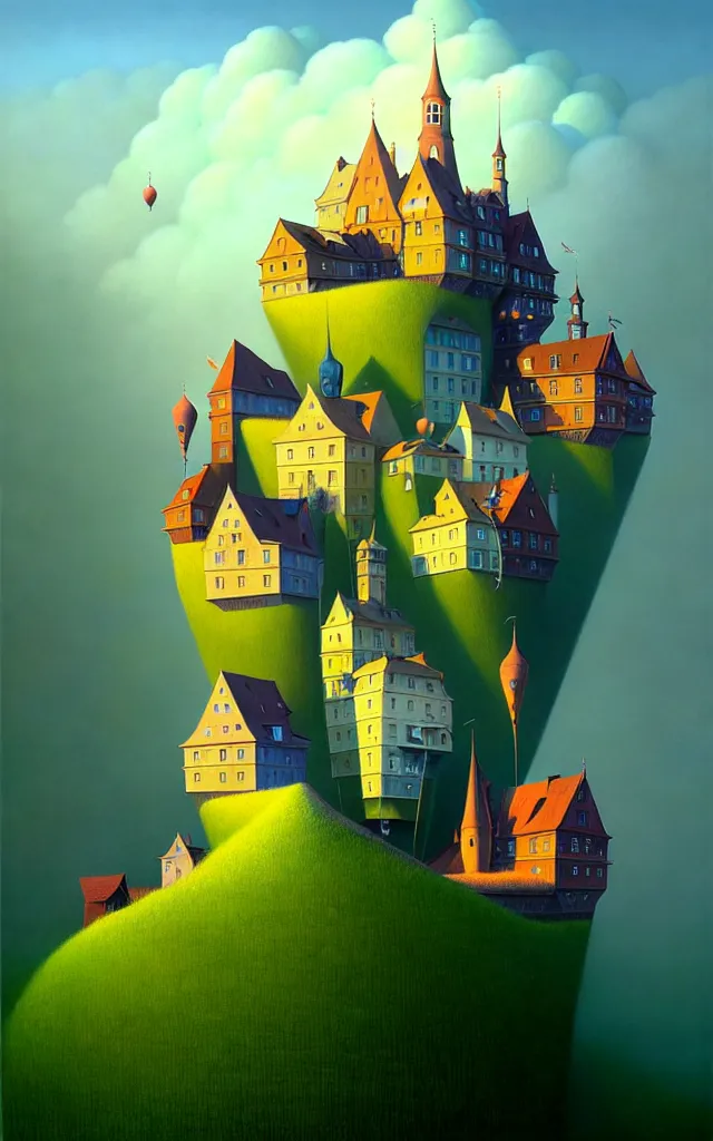 Prompt: gediminas pranckevicius an oil on canvas portrait painting of world castle happy place, volumetric light godray, surrealism, surrealist, impossible geometry, rob gonsalves, high detail fantastic