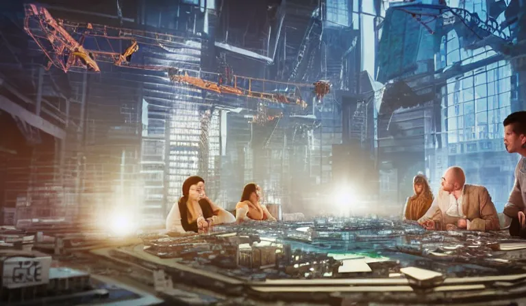 Image similar to group of people in simple warehouse, looking at hologram of futuristic city on a table, cinematic concept art, godrays, golden hour, natural sunlight, 4 k, clear details, tabletop model buildings, center model buildings, hologram center, crane shot, crane shot, crane shot