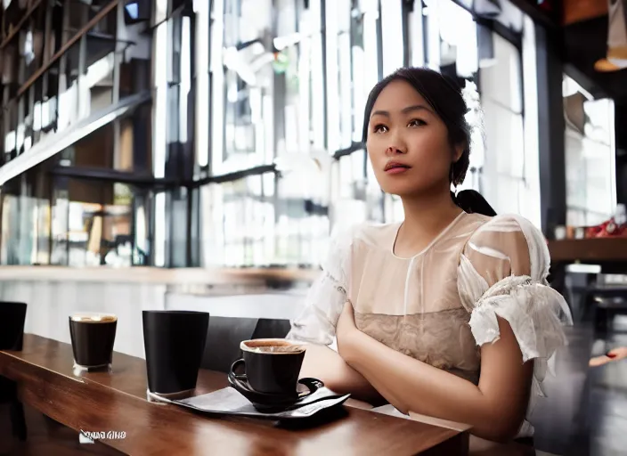 Prompt: young adult filipino woman in a coffee shop wearing an avant garde outfit designed by zaha hadid, natural light, magazine photo, 5 0 mm