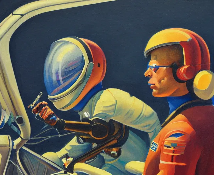 Image similar to a very detailed painting of a astronaut wearing a suit, riding a motorbike down a street, harley davidson motorbike, worm's - eye view, very fine brush strokes, very aesthetic, very futuristic, in the style of edward hopper and grant wood and syd mead, 4 k,