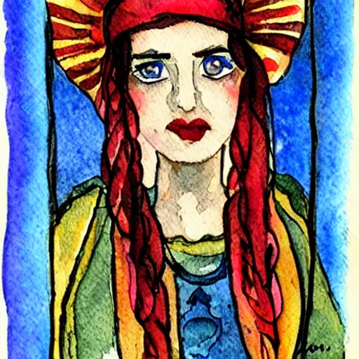 Prompt: fortune teller, tarot cards, watercolor painting, mystical