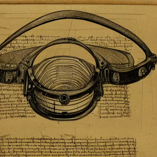 Image similar to Vintage, detailed, sketch of Oculus Rift, with full descriptions, on parchment, as depicted in Leonardo da Vinci's Codex Atlanticus