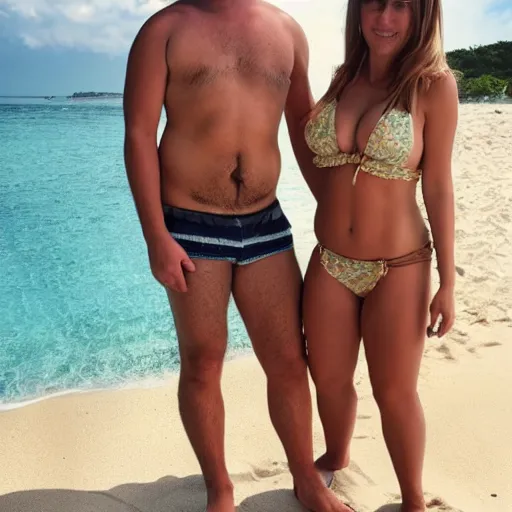 Image similar to photo of a 4 0 year old man that looks young for his age dating a very attractive 2 q year old woman wearing a bikini. they are ready to go to sleep