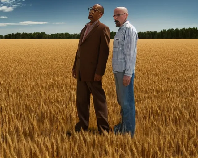 Image similar to extreme long shot of walter white and gustavo fring standing facing each other from a distance in a wheat field, low angle, side view, perfect angle, 8 5 mm photograph, 8 k resolution, wide shot, sharp lens, high detail, cinematic