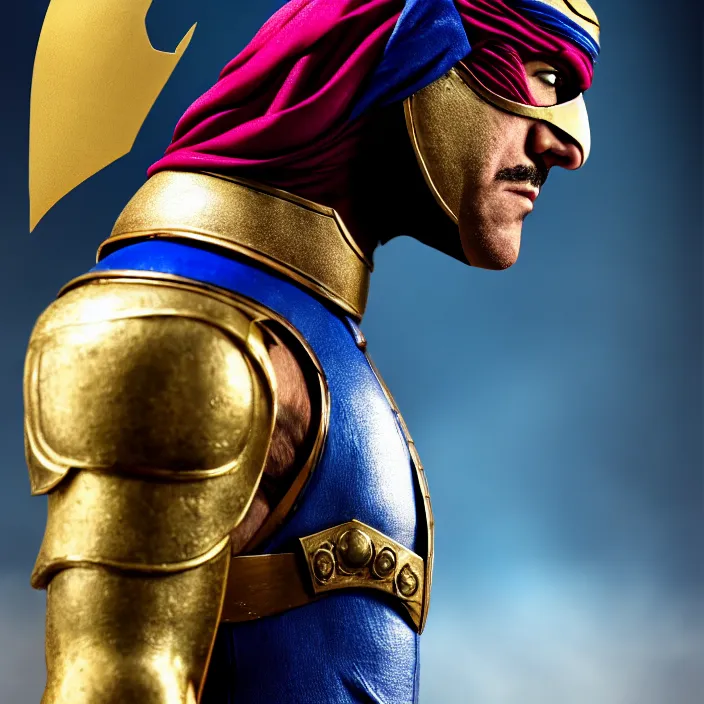 Image similar to cinematic portrait, captain falcon as sheik mohammad ruler of dubai, head and torso only, masterpiece, medieval arabia, sharp details,, hd, 4 k