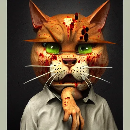 Image similar to a zombie Garfield the cat, by WLOP, horror, wounds, bloody, dark fantasy, trending on artstation