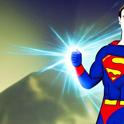 Image similar to mark zuckerberg as a superman with laser beams shooting out of his eyes