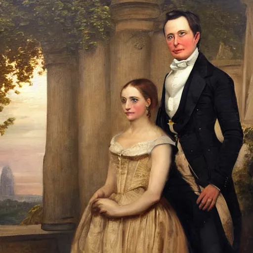 Image similar to elon musk ( left ) and emma watson in an 1 8 5 5 painting by elisabeth jerichau - baumann. painting, oil on canvas