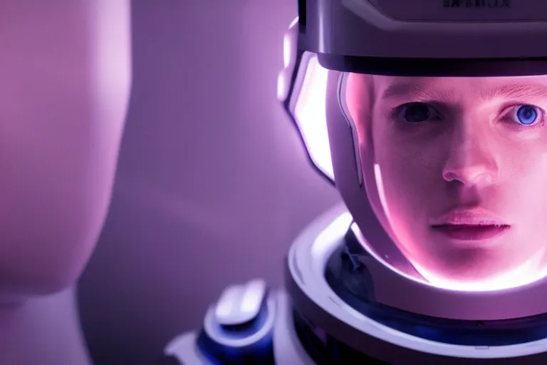 Image similar to VFX movie of a futuristic spaceman closeup portrait in high tech spaceship, beautiful natural skin neon lighting by Emmanuel Lubezki