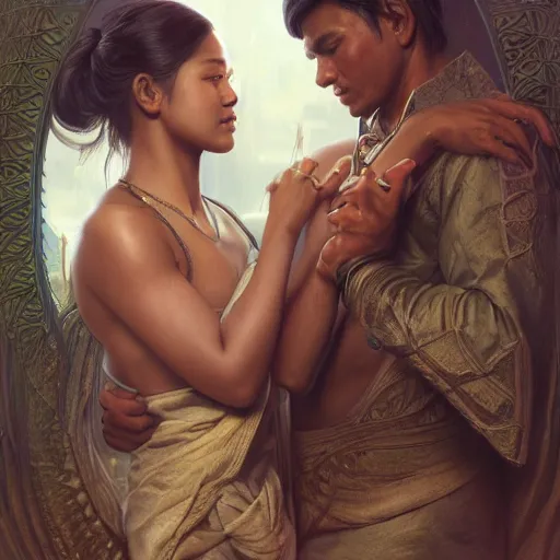 Image similar to portrait painting of dark muscular nepali couple kissing, ultra realistic, concept art, intricate details, eerie, highly detailed, photorealistic, octane render, 8 k, unreal engine. art by artgerm and greg rutkowski and alphonse mucha