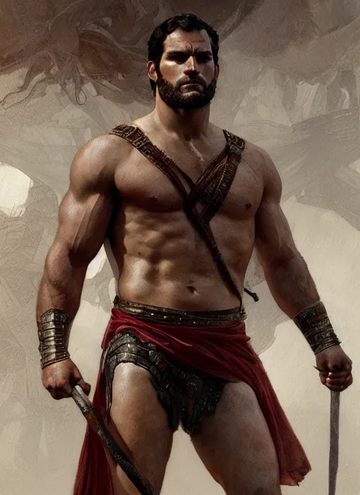 Image similar to Henry Cavill as a Greek gladiator, gorgeous, amazing, muscular, intricate, highly detailed, digital painting, artstation, concept art, sharp focus, illustration, art by greg rutkowski and alphonse mucha