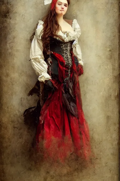 Image similar to Solomon Joseph Solomon and Richard Schmid and Jeremy Lipking victorian genre painting full length portrait painting of a young beautiful woman traditional german french actress model pirate wench in fantasy costume, red background