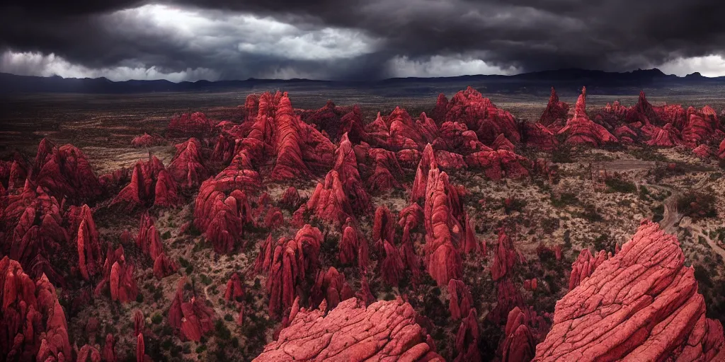 Image similar to dramatic still of a dark gothic cathedral, rendered by pixar, vultures, gothic architecture, top of a red rock canyon, red rock strata, aerial view, atmospheric, stormy, dramatic skies, moody, dark, cinematic, volumetric lighting, 8K