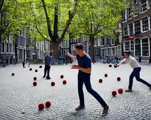 Prompt: playing petanque next to prinsengracht, intricate detail, beautiful aesthetic, cinematic still 8 k