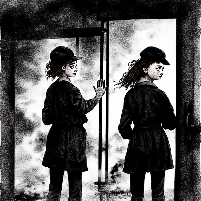 Image similar to [ sadie sink in dirty workmen clothes waves goodbye ] to workmen. near a gate. background : factory, dirty, polluted. technique : black and white pencil and ink. by gabriel hardman, joe alves, chris bonura. cinematic atmosphere, detailed and intricate, perfect anatomy