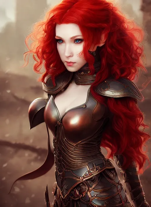 Image similar to leather armor!!! beautiful and elegant curly red hair female elf!! gorgeous ayes!! character concept art, sharp focus, octane render! unreal engine 5! highly rendered!! trending on artstation!! detailed linework!! illustration by artgerm, wlop, and chie yoshii