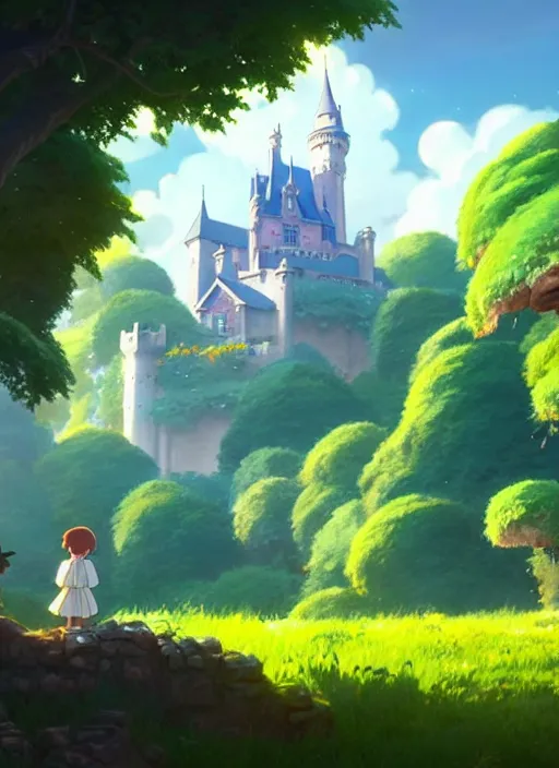 Prompt: a wholesome animation key shot, castle in the background, foliage in the foreground, studio ghibli, pixar and disney animation, sharp, rendered in unreal engine 5, anime key art by greg rutkowski, bloom, dramatic lighting