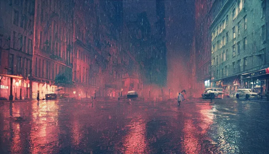 Image similar to gediminas pranckevicius street of new york photography, night, rain, mist, a umbrella pink, cinestill 8 0 0 t, in the style of william eggleston