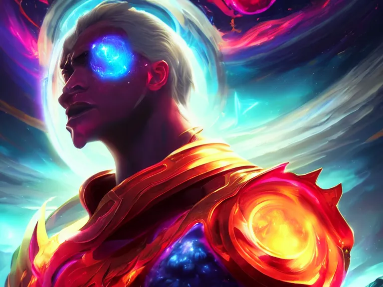 Prompt: portrait of cosmic emperor, overflowing with energy, nexus of the universe, black hole, rule of thirds, red and blue gradient, photorealistic facial features, league of legends splash art, by chengwei pan, huang guangjian, viktoria gavrilenko, artgerm, greg rutkowski, 8 k, octane, digital painting, artstation