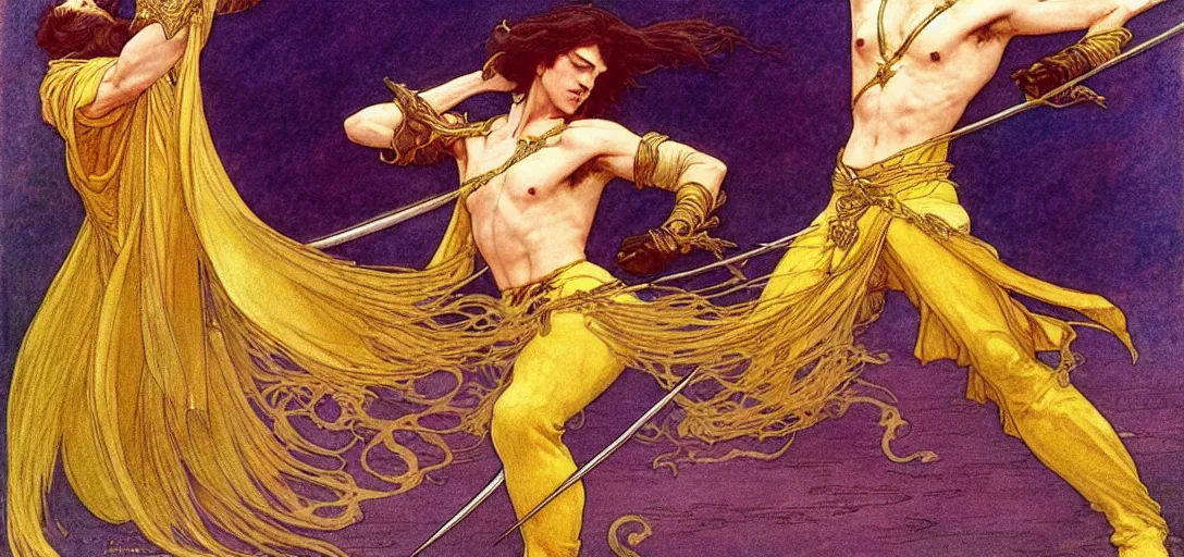 Prompt: a dual wielding golden swordsman leans back as he dances elegantly in the wind, his robes and long hair flowing in the breeze, his enemies lying on the ground below, fantasy, Mucha, MTG, Game of Thrones, salsa dancing, Rossetti, Millais, anatomically correct