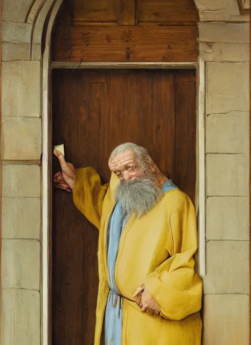 Prompt: a realistic old man in robes holding a book standing in front of an elaborate ancient wooden door, beautiful colourful fantasy rendering, Agnolo Bronzino, Simon Stälenhag, N.C. Wyeth