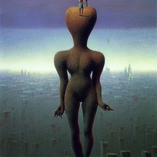 Prompt: a giant latex doll stands over a city painting by beksinski, barlowe colors. masterpiece painting