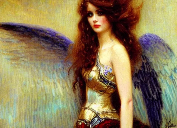 Image similar to horizontal prtrait of an angel knight gothic girl, baroque dress. by gaston bussiere