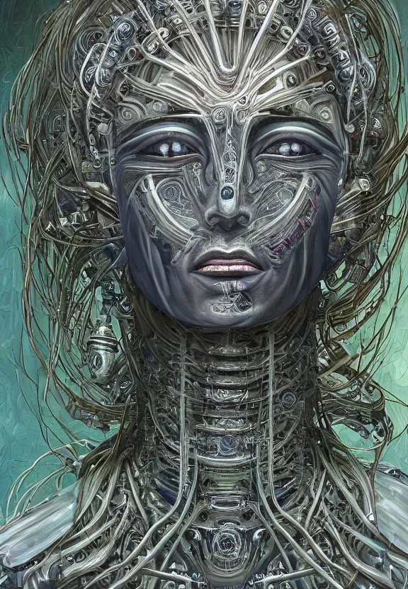 Image similar to perfectly centered portrait, front view of a beautiful biomechanical cyberpunk alien android robot buddha, female, flowing hair, intense stare, sarcastic smile, symmetrical, concept art, intricate detail, volumetric shadows and lighting, realistic oil painting by alex grey and h. r giger,