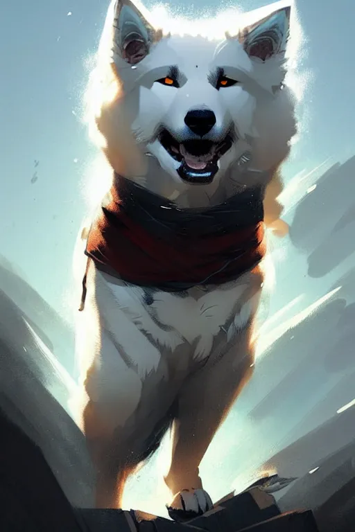 Image similar to comic book cover. heroic samoyed dog in mage clothes by greg rutkowski, trending on artstation