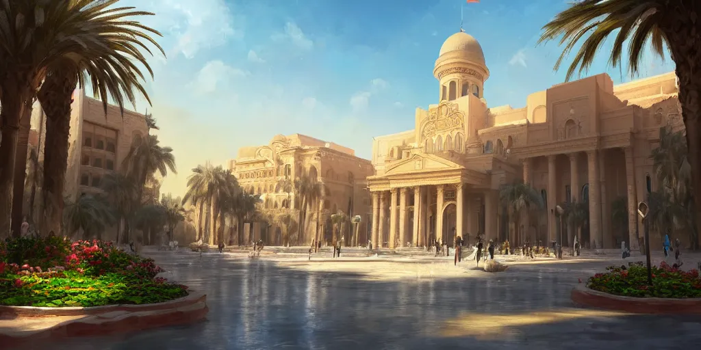 Image similar to a beautiful concept painting in the style of eddie mendoza with a landscape of the khedival opera house in talaat harb square cairo with lush landscaping, date palm trees, shrubs and flowers. eddie mendoza, trending on artstation