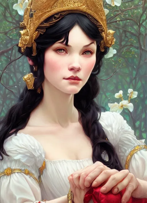 Image similar to portrait of snowhite, intricate, elegant, highly detailed, my rendition, digital painting, artstation, concept art, smooth, sharp focus, illustration, art by artgerm and greg rutkowski and alphonse mucha and uang guangjian and gil elvgren and sachin teng, symmetry!!