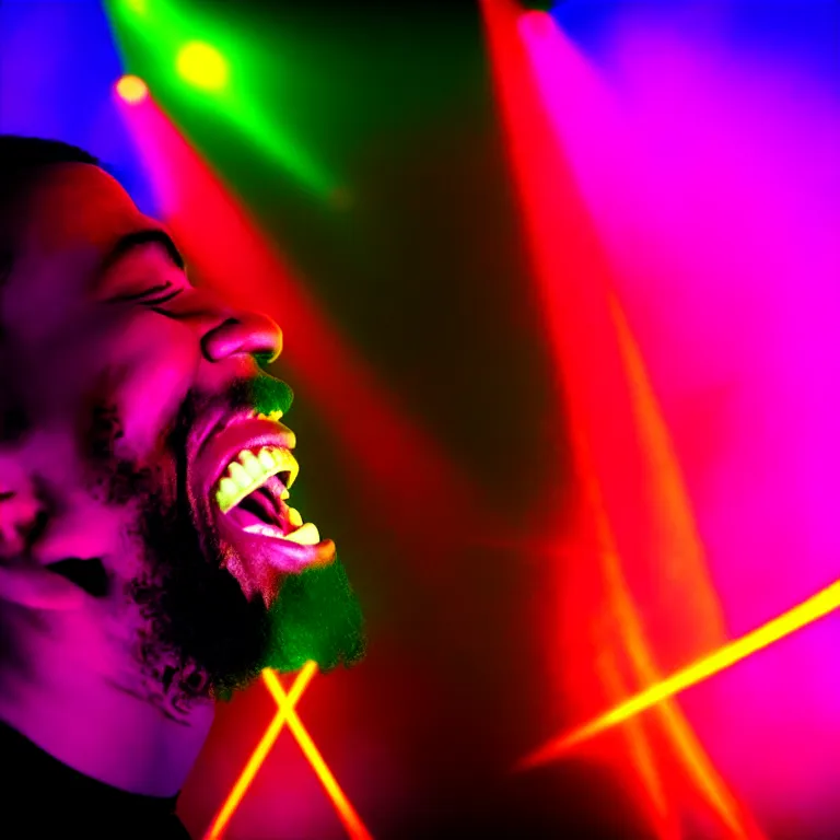 Image similar to rapper laughing into microphone, epic angle, profile view, silhouetted, distinct, psychedelic hip-hop, laser light show, beams of light