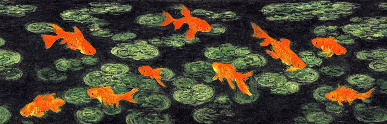 Image similar to An aesthetically pleasing, dynamic, energetic, lively, well-designed digital art of goldfish in a pond viewed from underwater, light and shadow, chiaroscuro, by Claude Monet and Vincent Van Gogh, superior quality, masterpiece, excellent use of negative space. 8K, superior detail, widescreen.