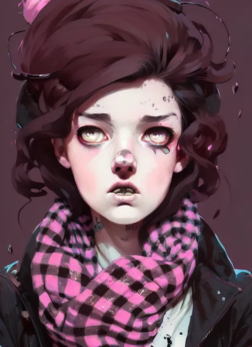 Image similar to highly detailed portrait of a sewer ( ( emo punk ) ) lady student, beanie, pink eyes, tartan scarf, curly hair by atey ghailan, by greg rutkowski, by greg tocchini, by james gilleard, by joe fenton, by kaethe butcher, gradient pink, black, brown and cream color scheme, grunge aesthetic!!! graffiti tag wall background