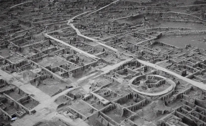 Prompt: 40s historic footage of a labyrinthic hole with gigantic walls, aerial photo night vision, Cinestill 800t 18mm, heavy grainy picture, very detailed, high quality, 4k panoramic, billboards and streetlight at night, rain, mud, foggy