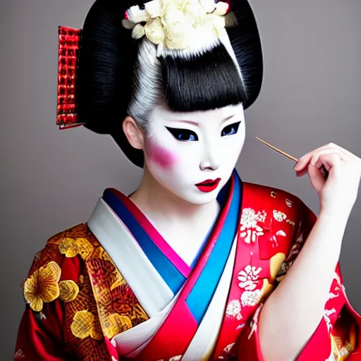 Image similar to fashion model geisha wearing traditional japanese clothing with traditional make up looking into lens