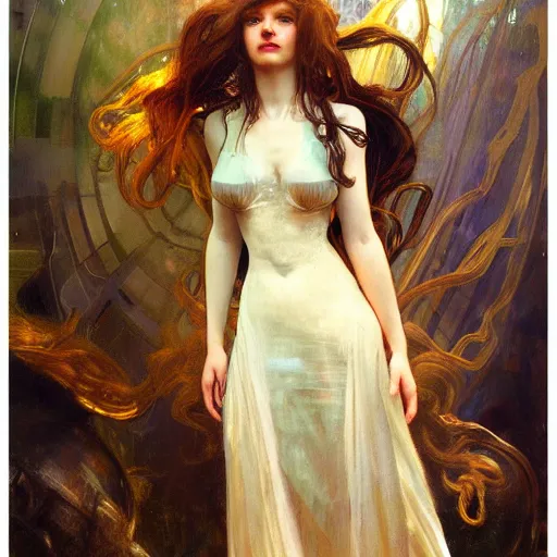 Image similar to hyperrealist portrait of a pretty young gynoid with large eyes and long hair standing in front of a computer simulation by jeremy mann and alphonse mucha, fantasy art, photo realistic, dynamic lighting, artstation, poster, volumetric lighting, very detailed faces, award winning